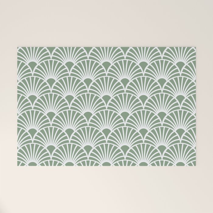 Art Deco Sage Green & White Abstract Fan Pattern Welcome Mat Gallery Image 1