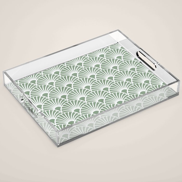 Art Deco Sage Green & White Abstract Fan Pattern Acrylic Tray Gallery Image 1