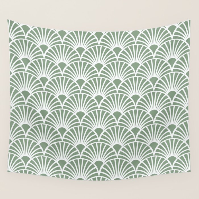 Art Deco Sage Green & White Abstract Fan Pattern Wall Tapestry Gallery Image 1
