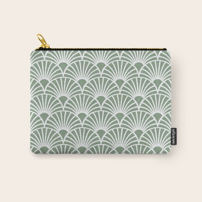 Art Deco Sage Green & White Abstract Fan Pattern Carry All Pouch Gallery Image 1