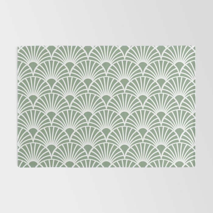 Art Deco Sage Green & White Abstract Fan Pattern Rug Gallery Image 2