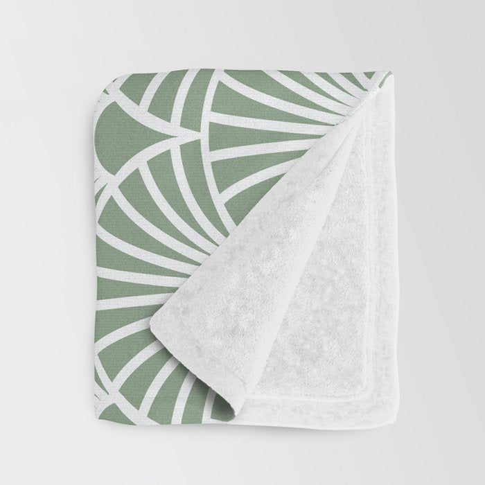 Art Deco Sage Green & White Abstract Fan Pattern Throw Blanket Gallery Image 3