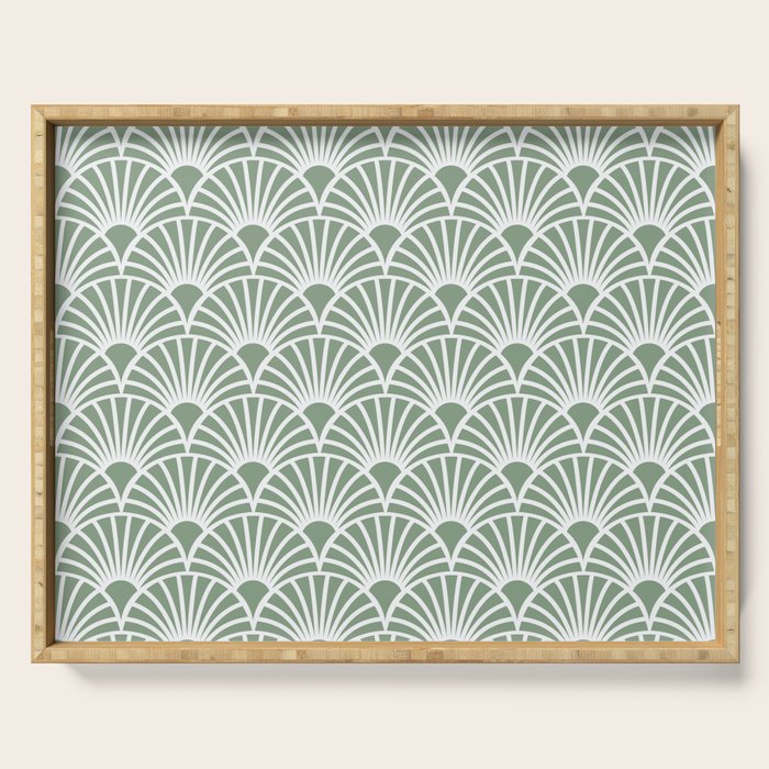 Art Deco Sage Green & White Abstract Fan Pattern Serving Tray Gallery Image 1