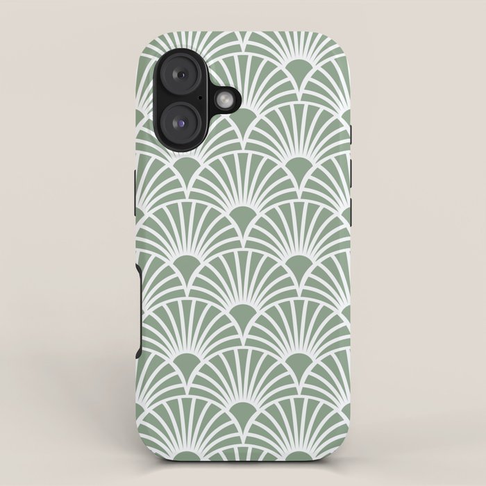 Art Deco Sage Green & White Abstract Fan Pattern iPhone Case Gallery Image 1