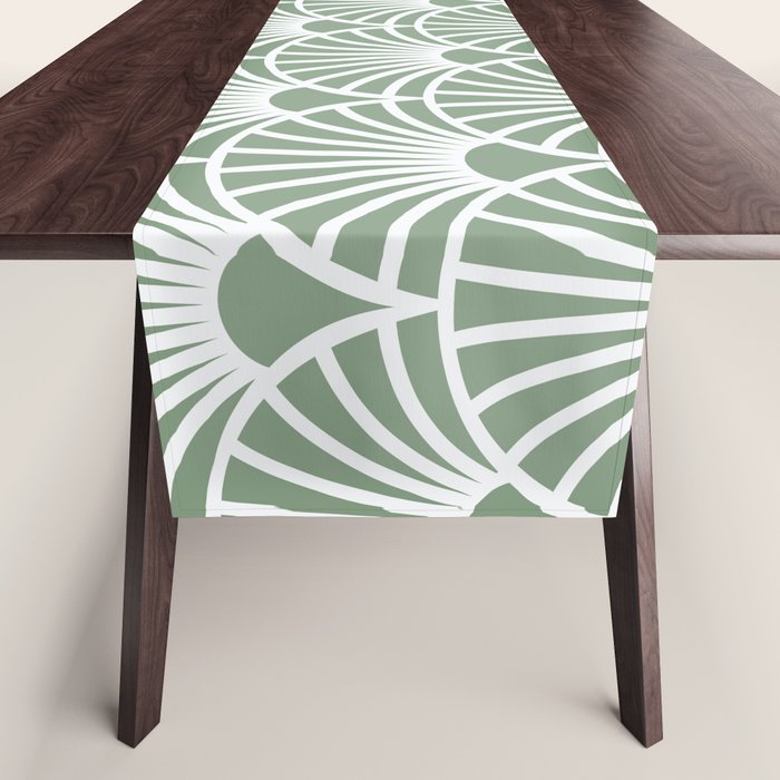 Art Deco Sage Green & White Abstract Fan Pattern Table Runner Gallery Image 1