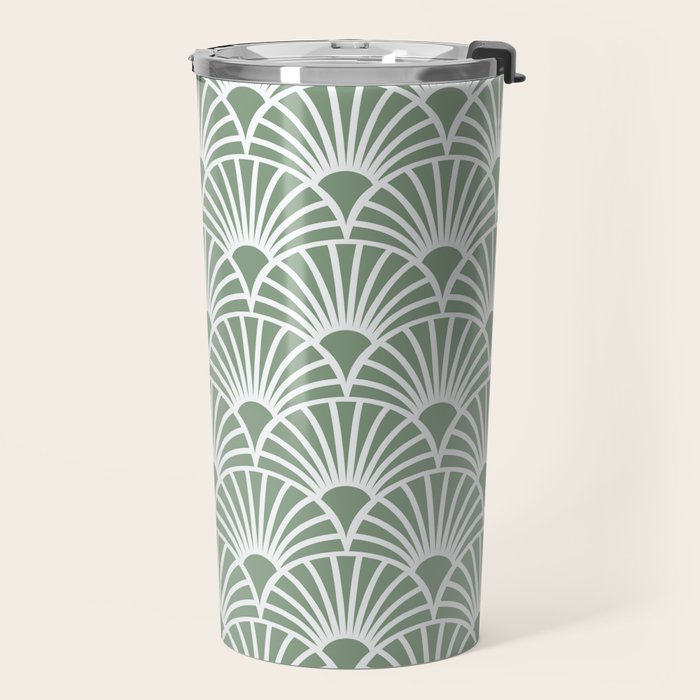 Art Deco Sage Green & White Abstract Fan Pattern Travel Mug Gallery Image 2
