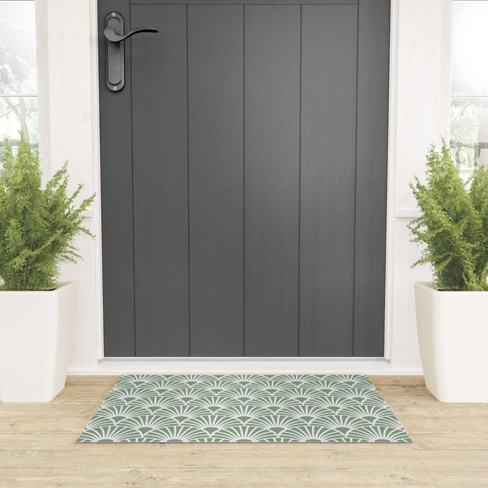 Art Deco Sage Green & White Abstract Fan Pattern Welcome Mat Gallery Image 3