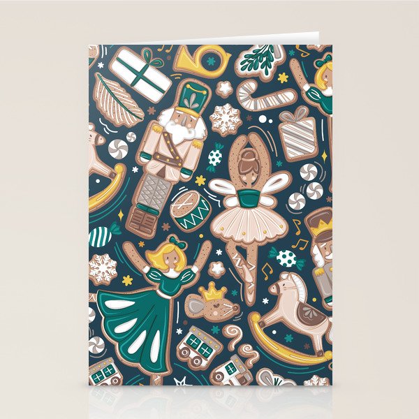 Nutcracker Ballet Gingerbread Delicious Biscuits // Nile Blue Background Beige Forest And Pine Green Sweet Christmas Cookies Stationery Card