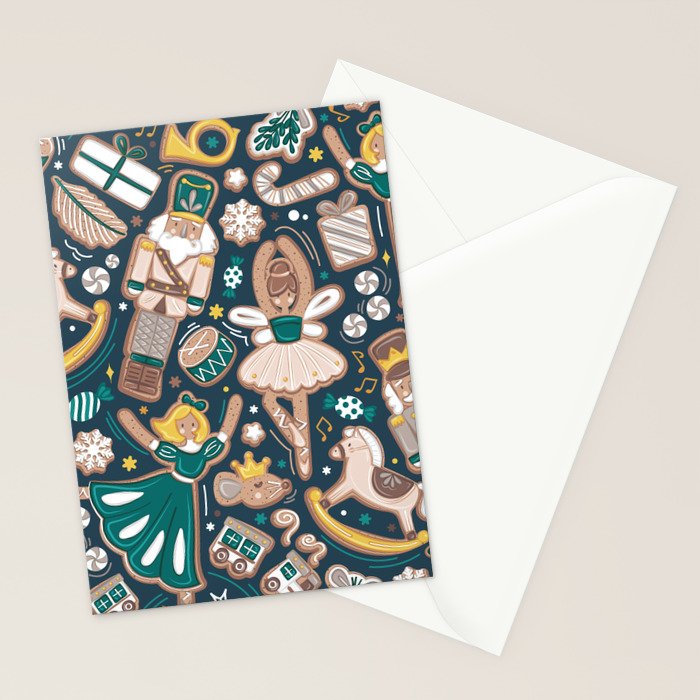 Nutcracker ballet gingerbread delicious biscuits // nile blue background beige forest and pine green sweet Christmas cookies Stationery Card Gallery Image 2