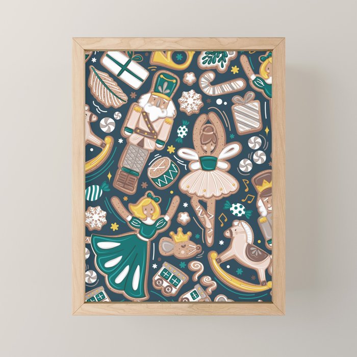Nutcracker ballet gingerbread delicious biscuits // nile blue background beige forest and pine green sweet Christmas cookies Mini Art Print Gallery Image 1