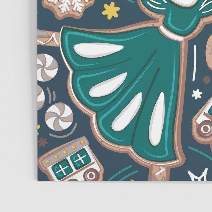 Nutcracker ballet gingerbread delicious biscuits // nile blue background beige forest and pine green sweet Christmas cookies Poster Gallery Image 3