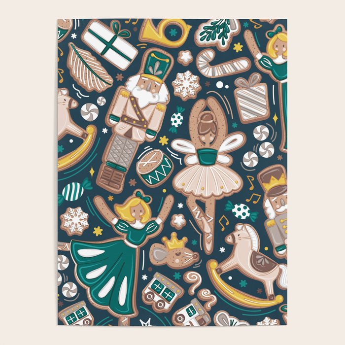 Nutcracker ballet gingerbread delicious biscuits // nile blue background beige forest and pine green sweet Christmas cookies Poster Gallery Image 4