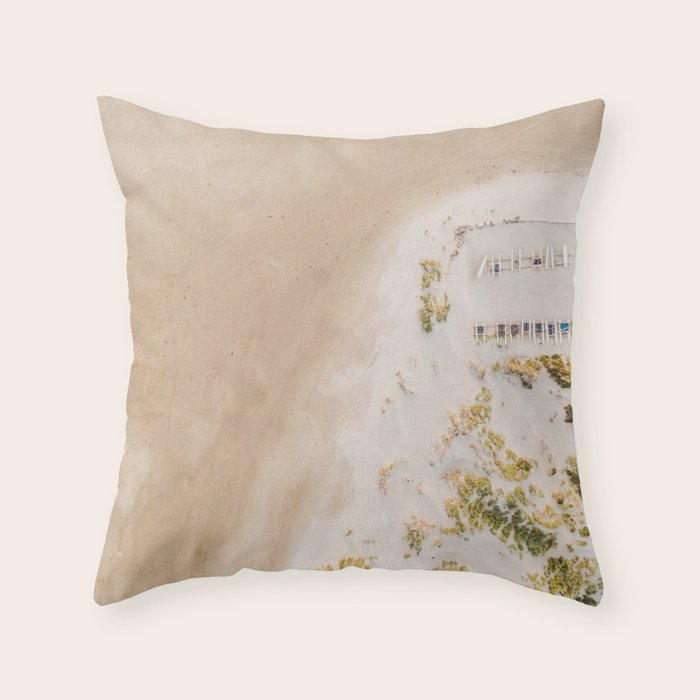 Coastal Drone photography print of the beach and some boats | Wanderlust aerial photography art Throw Pillow Gallery Image 1