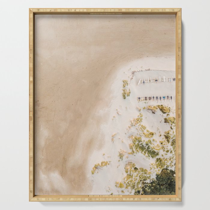 Coastal Drone photography print of the beach and some boats | Wanderlust aerial photography art Serving Tray Gallery Image 1