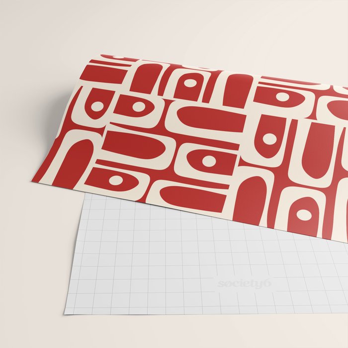 Mid Century Modern Piquet Abstract Geometric Multi Pattern in Retro Red and Cream Wrapping Paper Gallery Image 2