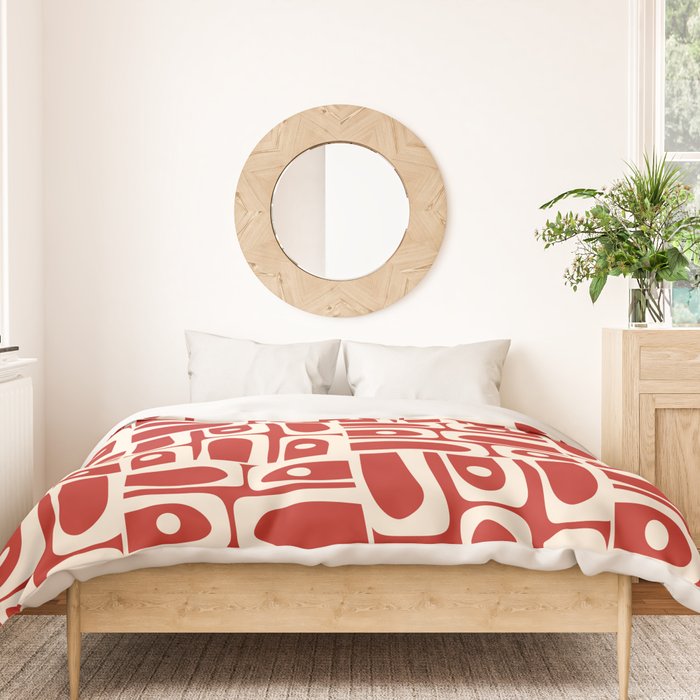 Mid Century Modern Piquet Abstract Geometric Multi Pattern in Retro Red and Cream Duvet Cover Gallery Image 3