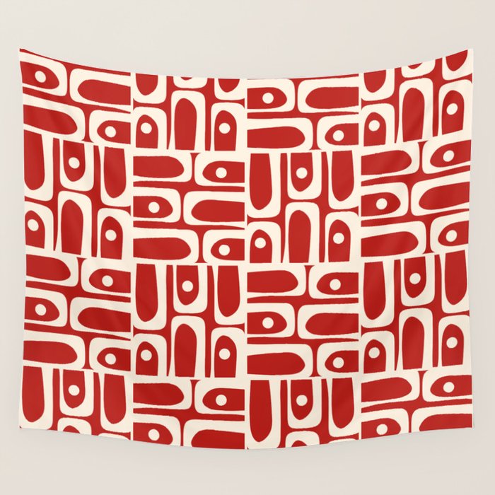 Mid Century Modern Piquet Abstract Geometric Multi Pattern in Retro Red and Cream Wall Tapestry Gallery Image 4