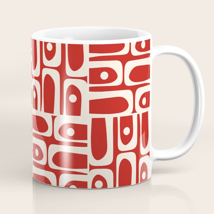 Mid Century Modern Piquet Abstract Geometric Multi Pattern in Retro Red and Cream Coffee Mug Gallery Image 1