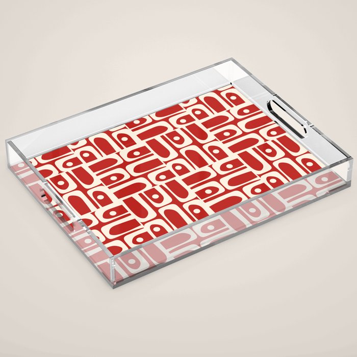 Mid Century Modern Piquet Abstract Geometric Multi Pattern in Retro Red and Cream Acrylic Tray Gallery Image 1