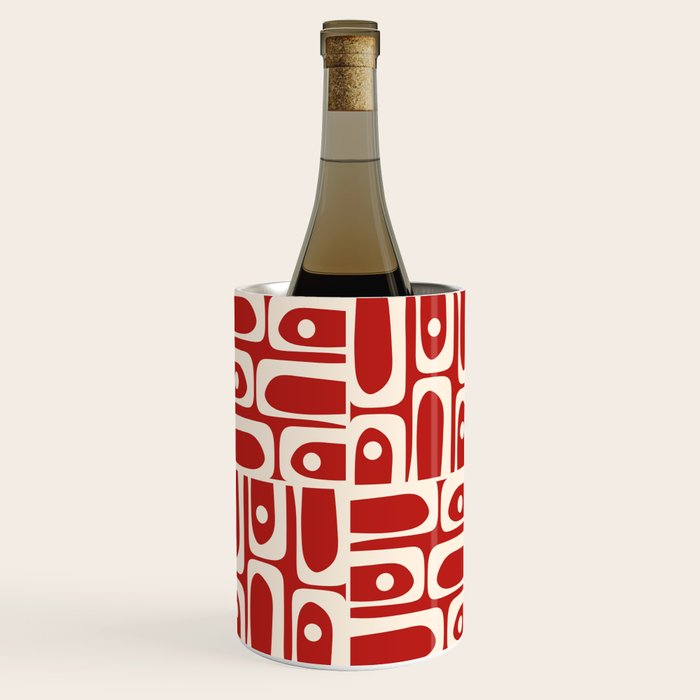 Mid Century Modern Piquet Abstract Geometric Multi Pattern in Retro Red and Cream Wine Chiller Gallery Image 1