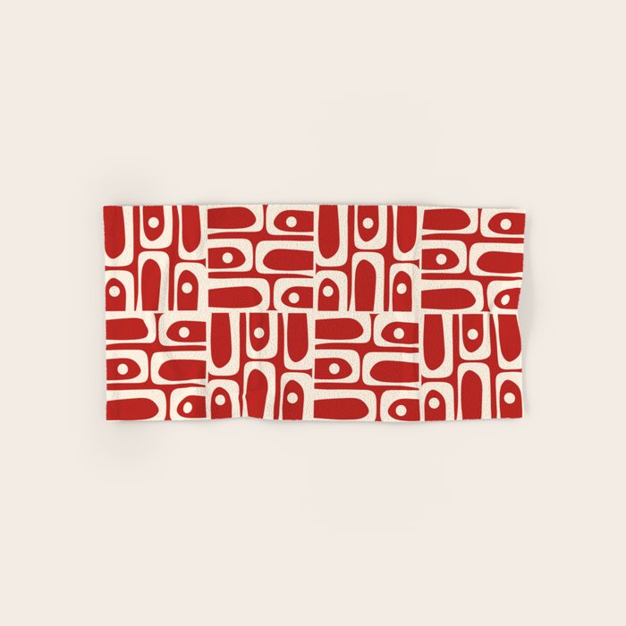 Mid Century Modern Piquet Abstract Geometric Multi Pattern in Retro Red and Cream Bath Towel Gallery Image 1
