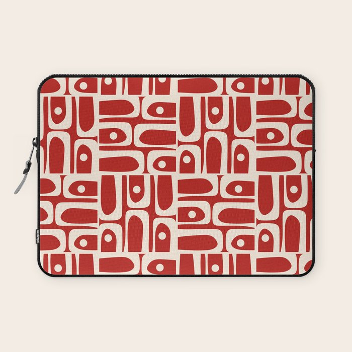 Mid Century Modern Piquet Abstract Geometric Multi Pattern in Retro Red and Cream Laptop Sleeve Gallery Image 1