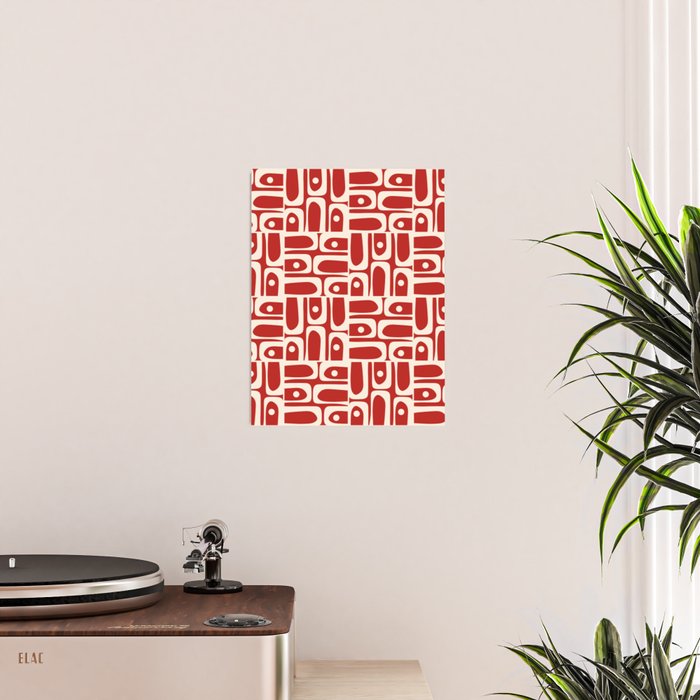 Mid Century Modern Piquet Abstract Geometric Multi Pattern in Retro Red and Cream Poster Gallery Image 2