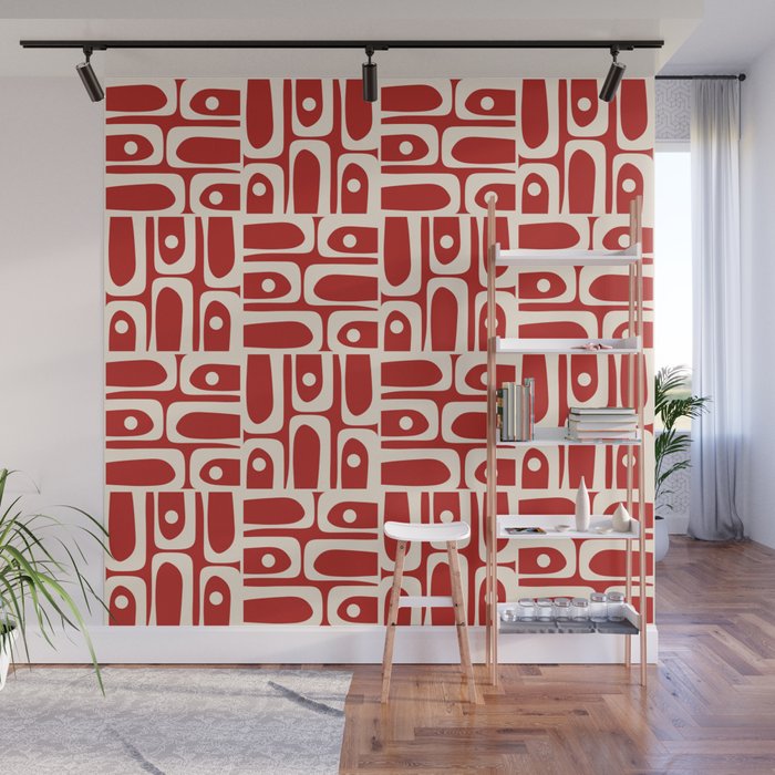Mid Century Modern Piquet Abstract Geometric Multi Pattern in Retro Red and Cream Wall Mural Gallery Image 1