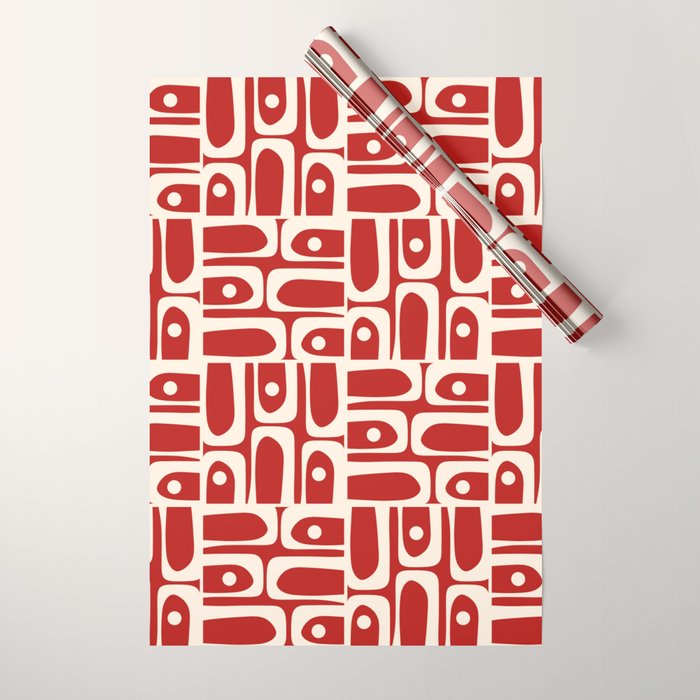 Mid Century Modern Piquet Abstract Geometric Multi Pattern in Retro Red and Cream Wrapping Paper Gallery Image 1