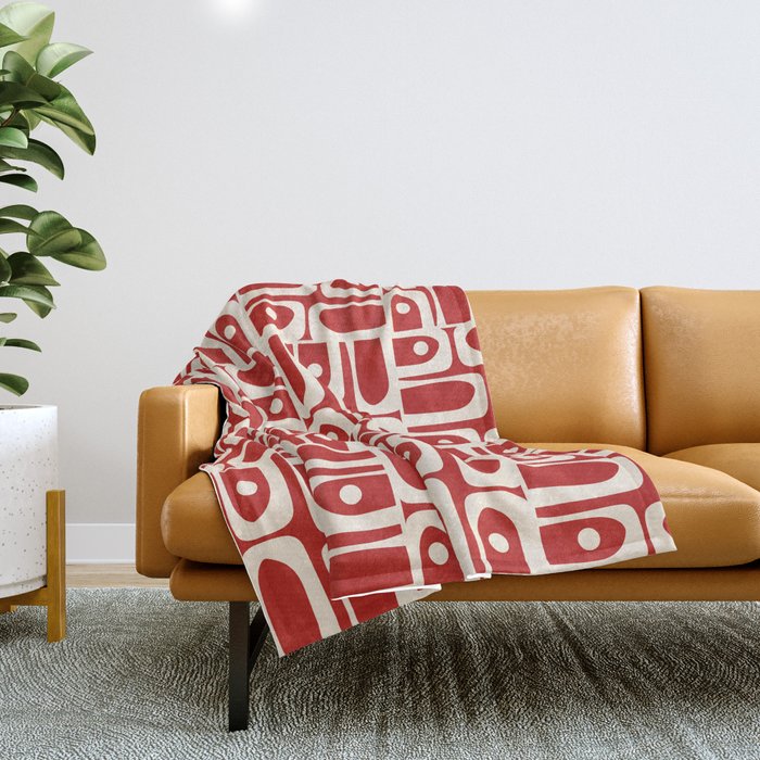 Mid Century Modern Piquet Abstract Geometric Multi Pattern in Retro Red and Cream Throw Blanket Gallery Image 1