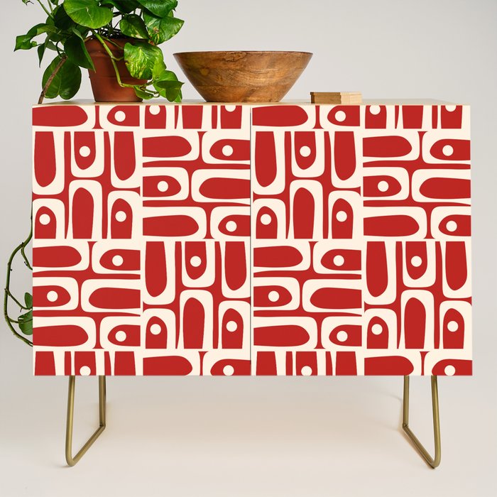 Mid Century Modern Piquet Abstract Geometric Multi Pattern in Retro Red and Cream Credenza Gallery Image 1