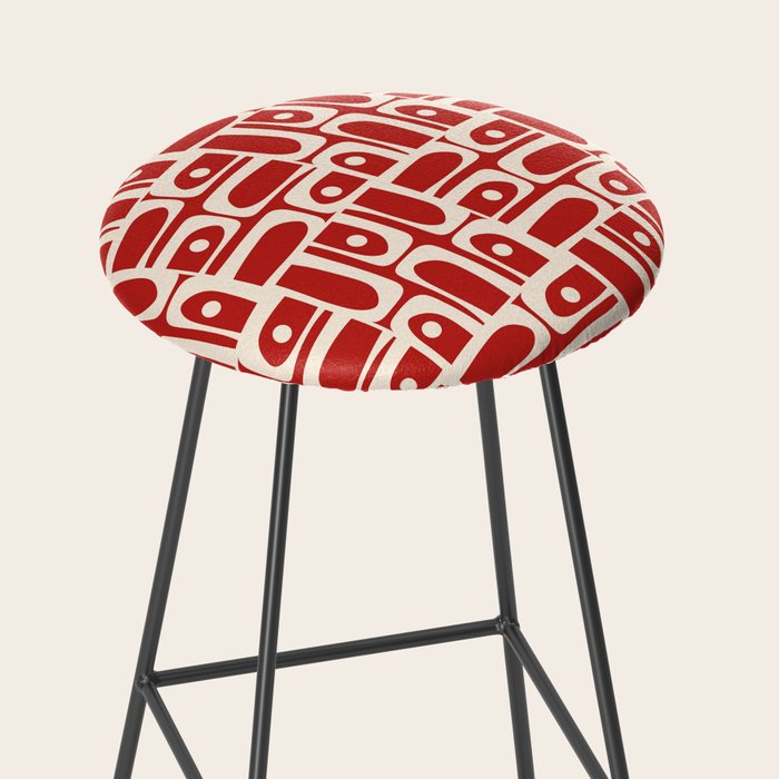 Mid Century Modern Piquet Abstract Geometric Multi Pattern in Retro Red and Cream Stool Gallery Image 2