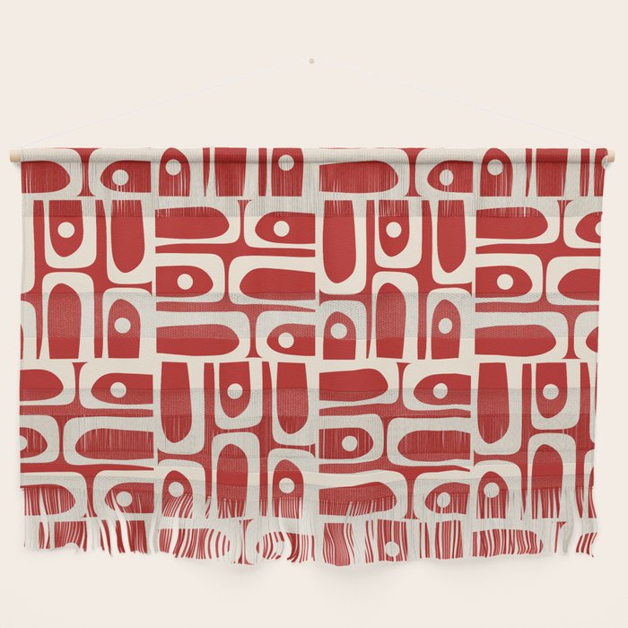 Mid Century Modern Piquet Abstract Geometric Multi Pattern in Retro Red and Cream Wall Hanging Gallery Image 1