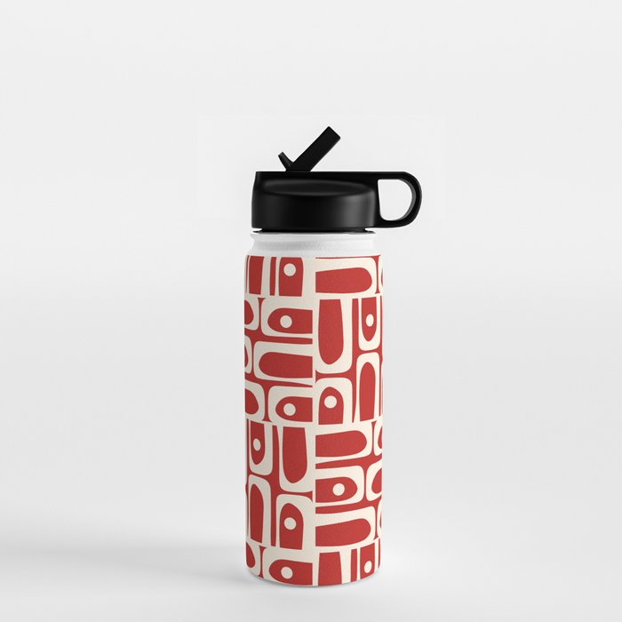 Mid Century Modern Piquet Abstract Geometric Multi Pattern in Retro Red and Cream Water Bottle Gallery Image 1