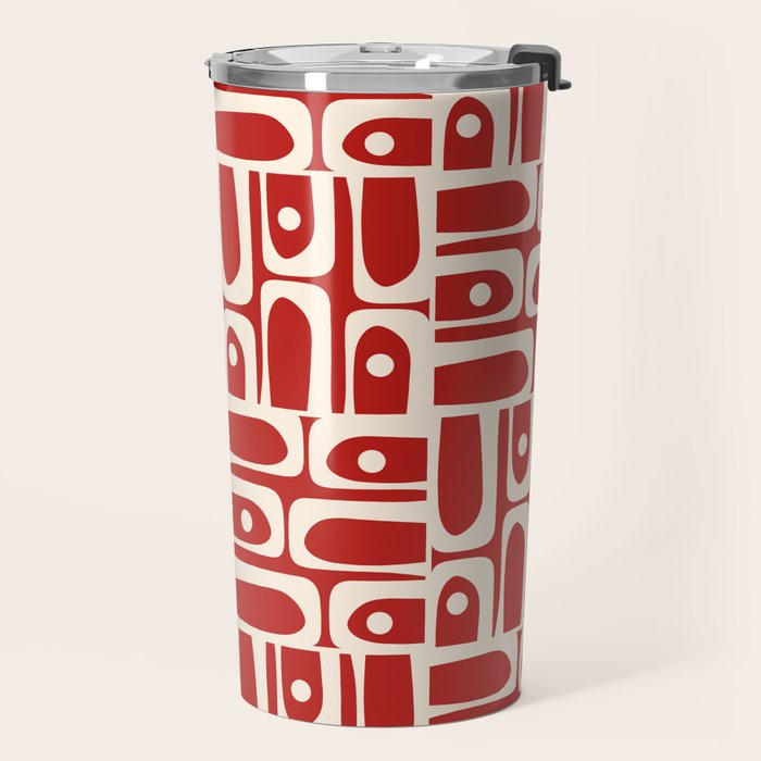 Mid Century Modern Piquet Abstract Geometric Multi Pattern in Retro Red and Cream Travel Mug Gallery Image 2