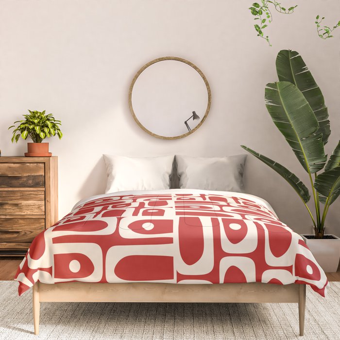 Mid Century Modern Piquet Abstract Geometric Multi Pattern in Retro Red and Cream Comforter Gallery Image 3