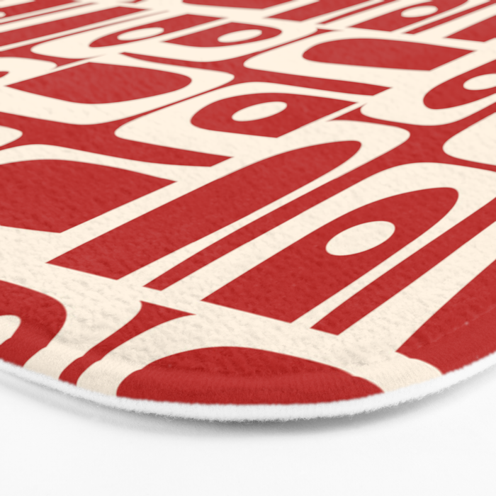 Mid Century Modern Piquet Abstract Geometric Multi Pattern in Retro Red and Cream Bath Mat Gallery Image 3