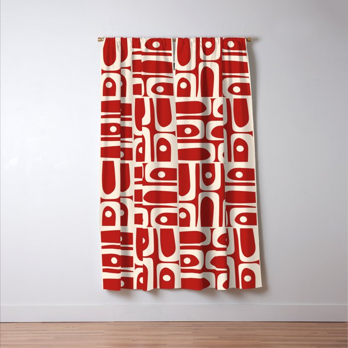 Mid Century Modern Piquet Abstract Geometric Multi Pattern in Retro Red and Cream Window Curtain Gallery Image 3