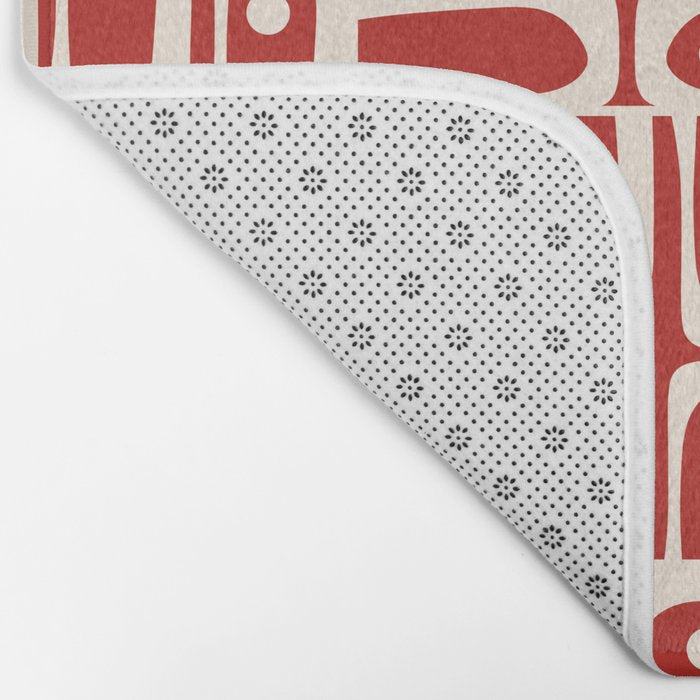 Mid Century Modern Piquet Abstract Geometric Multi Pattern in Retro Red and Cream Bath Mat Gallery Image 2