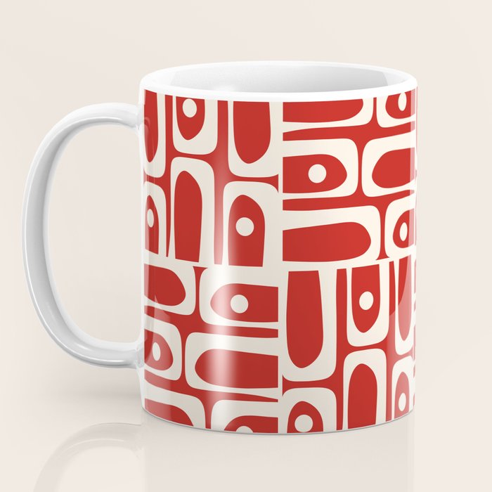 Mid Century Modern Piquet Abstract Geometric Multi Pattern in Retro Red and Cream Coffee Mug Gallery Image 3