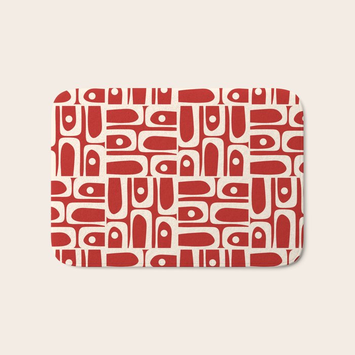 Mid Century Modern Piquet Abstract Geometric Multi Pattern in Retro Red and Cream Bath Mat Gallery Image 1