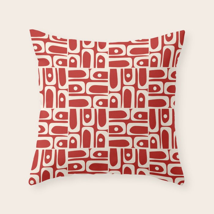 Mid Century Modern Piquet Abstract Geometric Multi Pattern in Retro Red and Cream Throw Pillow Gallery Image 6