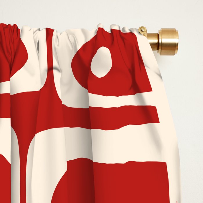 Mid Century Modern Piquet Abstract Geometric Multi Pattern in Retro Red and Cream Window Curtain Gallery Image 2