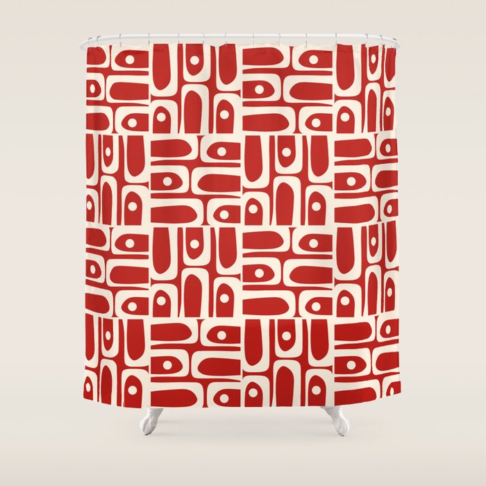 Mid Century Modern Piquet Abstract Geometric Multi Pattern in Retro Red and Cream Shower Curtain Gallery Image 1
