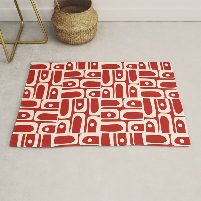 Mid Century Modern Piquet Abstract Geometric Multi Pattern in Retro Red and Cream Rug Gallery Image 1
