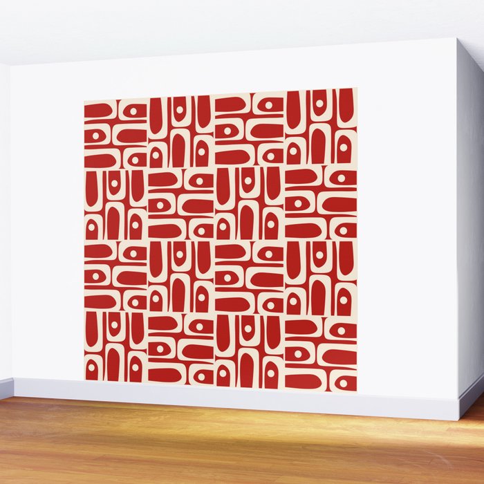 Mid Century Modern Piquet Abstract Geometric Multi Pattern in Retro Red and Cream Wall Mural Gallery Image 2