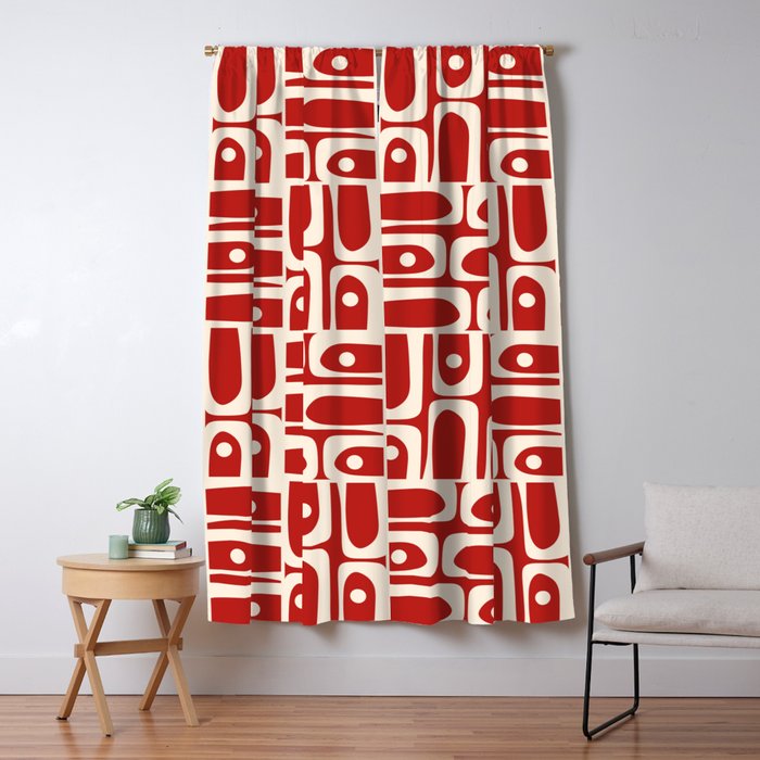 Mid Century Modern Piquet Abstract Geometric Multi Pattern in Retro Red and Cream Window Curtain Gallery Image 5