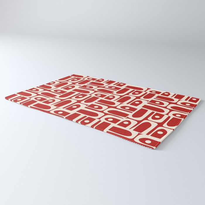 Mid Century Modern Piquet Abstract Geometric Multi Pattern in Retro Red and Cream Rug Gallery Image 3