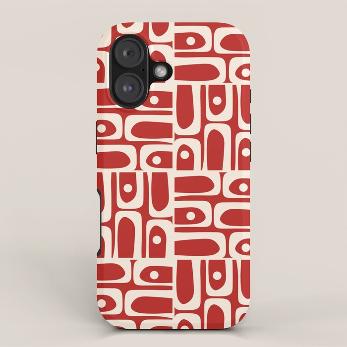 Mid Century Modern Piquet Abstract Geometric Multi Pattern in Retro Red and Cream iPhone Case Gallery Image 1