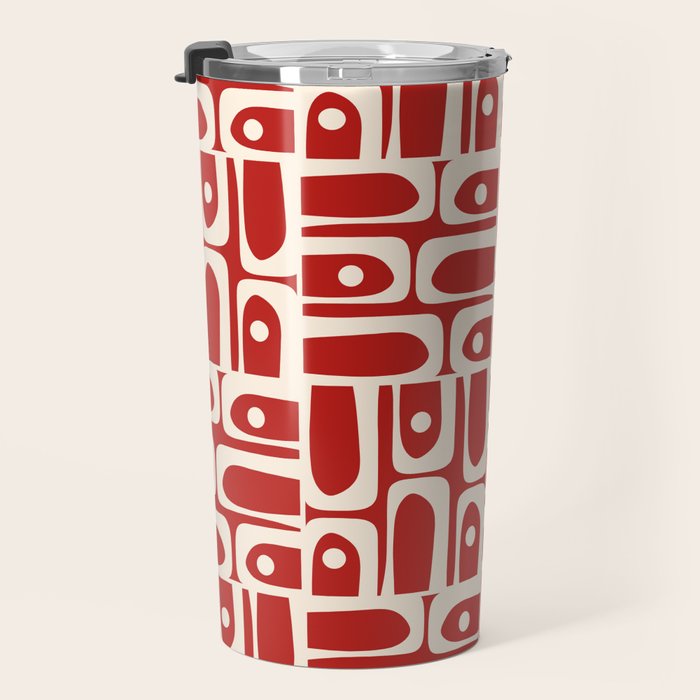 Mid Century Modern Piquet Abstract Geometric Multi Pattern in Retro Red and Cream Travel Mug Gallery Image 3